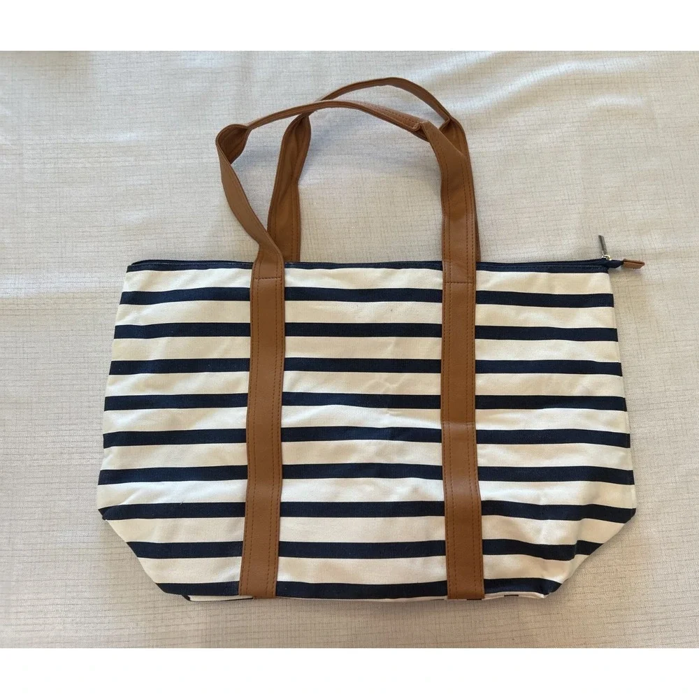Pure Honey Clutch‎ and Tote Bag Blue and White Stripes with Leather Accents